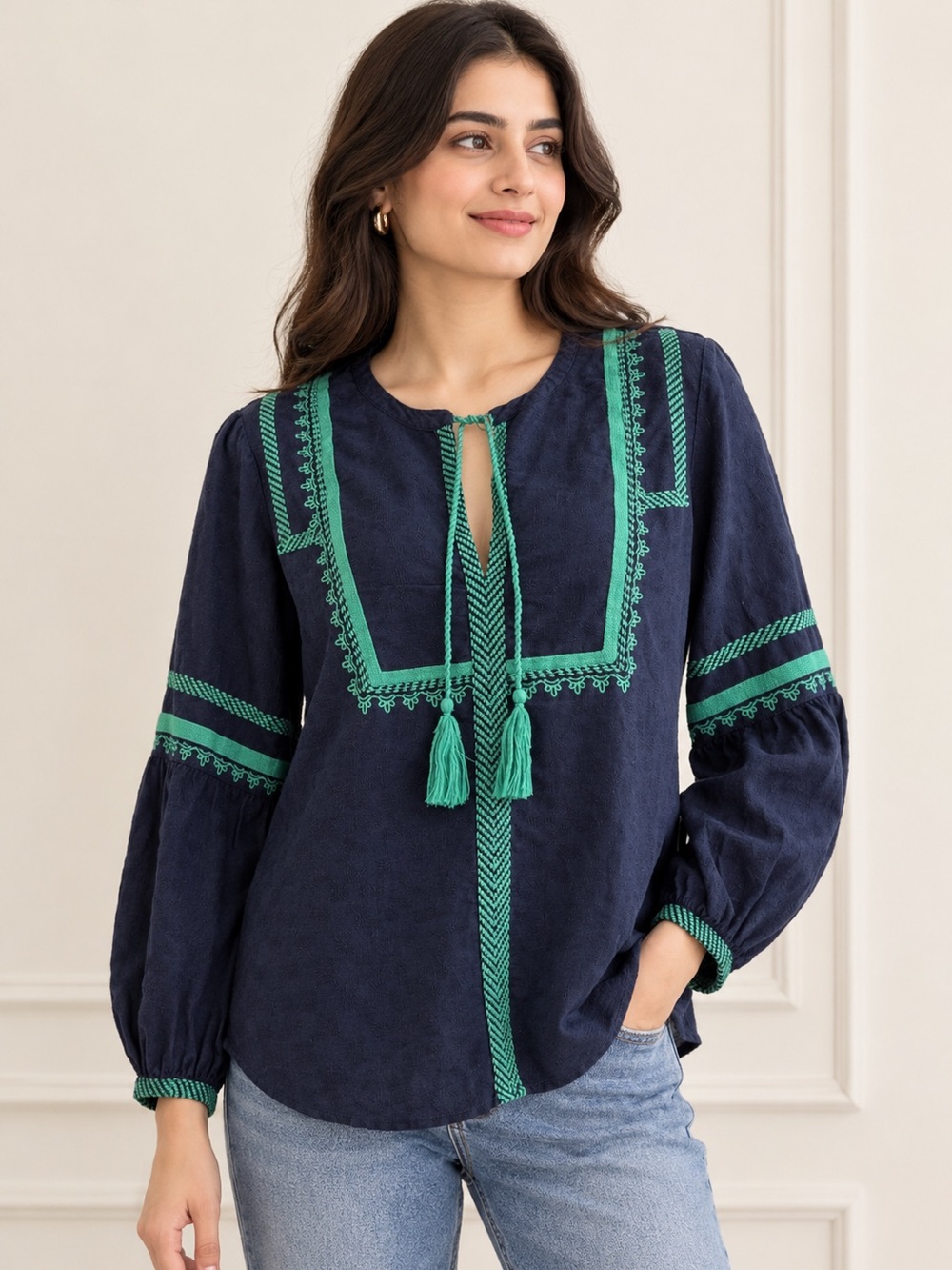 J. Crew Women’s Embroidered Boho Linen & Cotton Navy & Green Top Blouse Size 10
